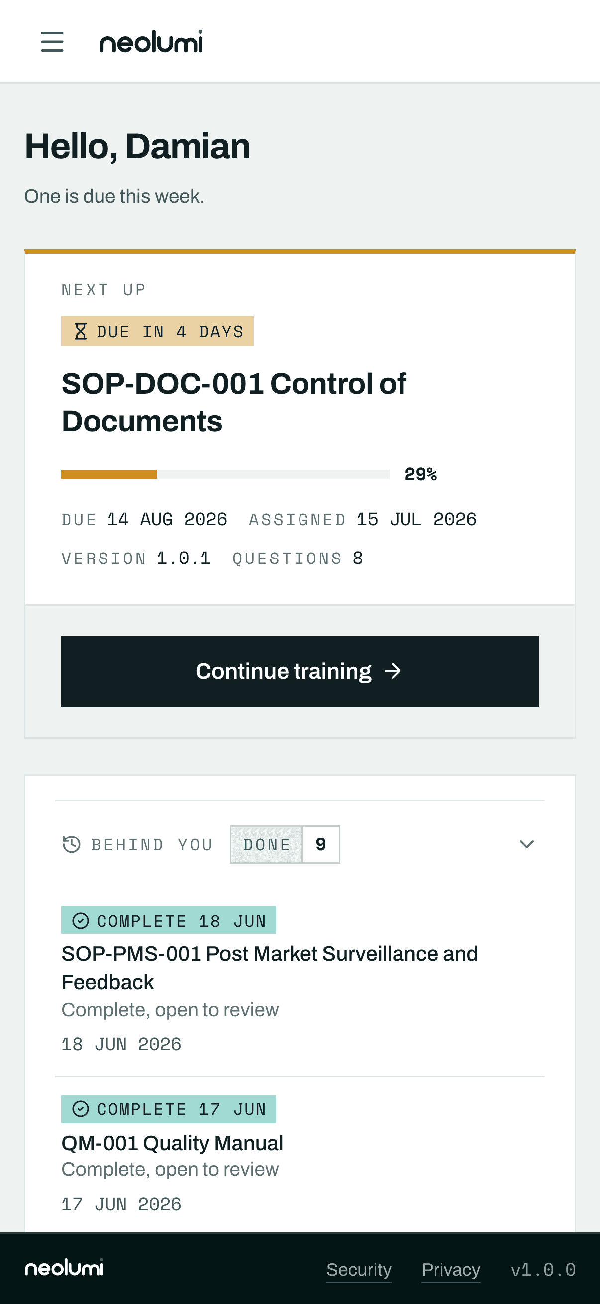 A phone showing an assigned training with its due date and version.