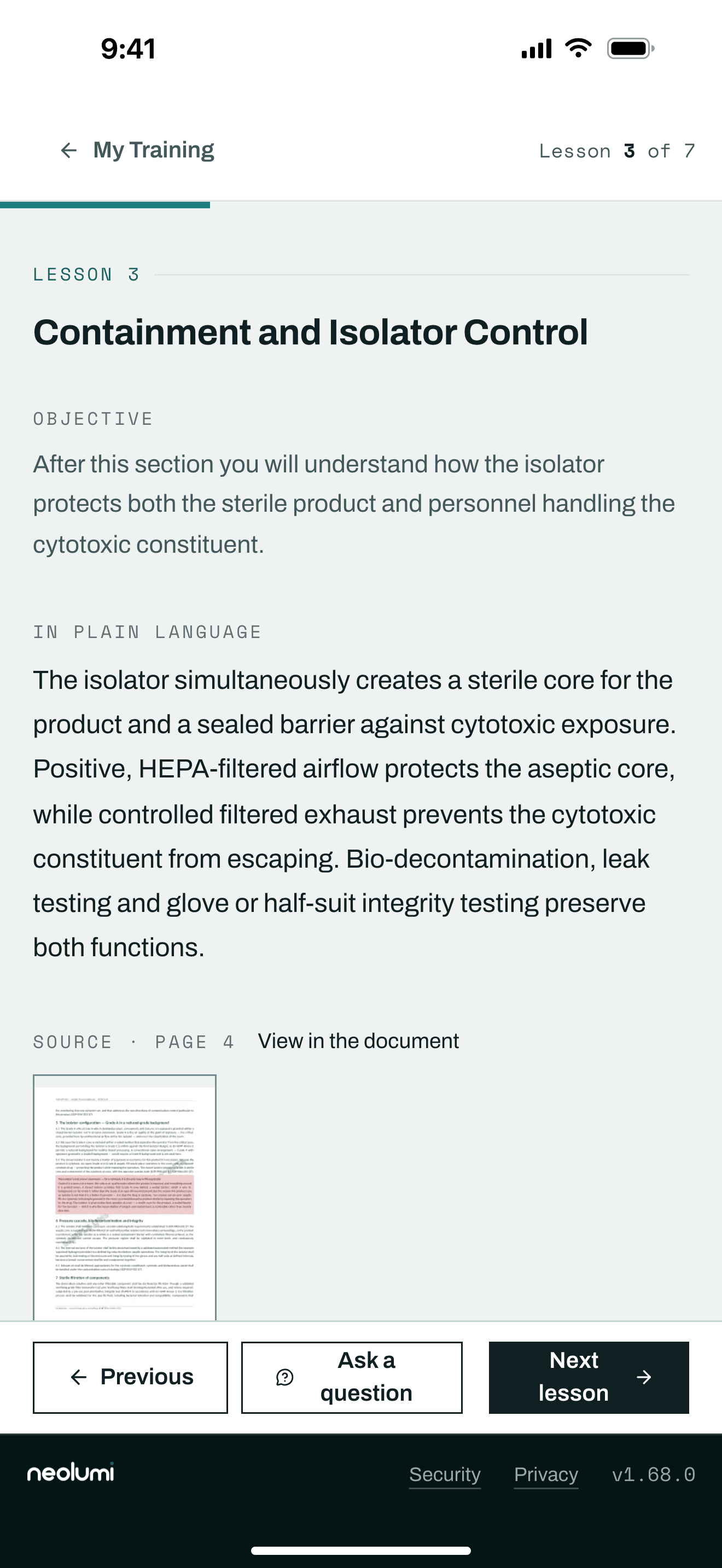 A phone showing a lesson, with a thumbnail of the source document page it cites.