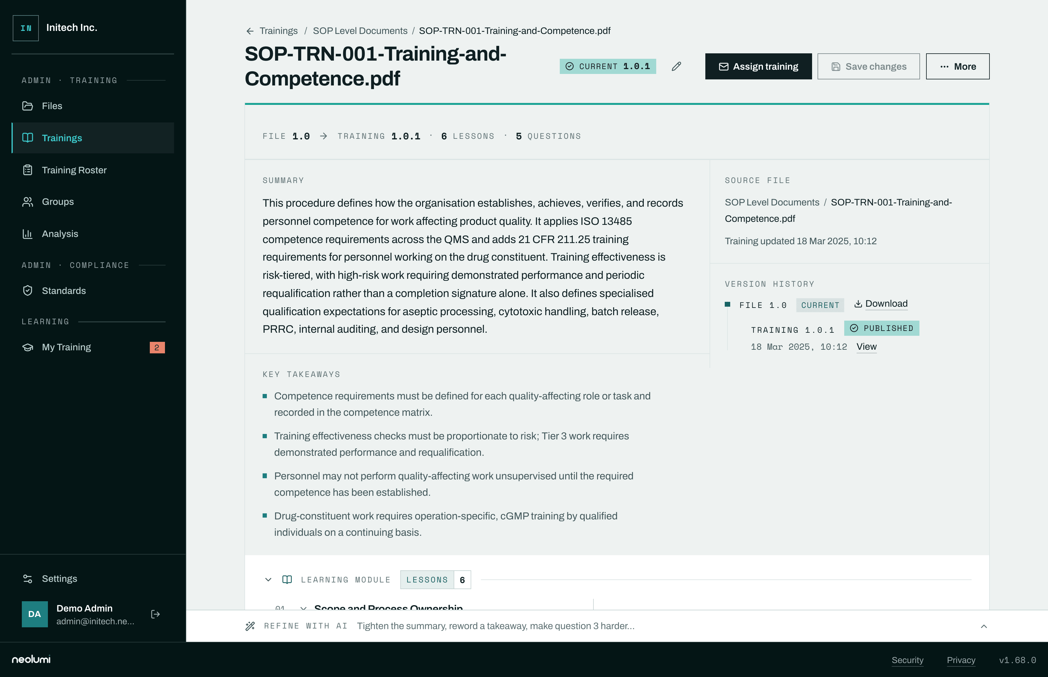 A laptop showing a training generated from a controlled procedure, bound to its file version, with its summary, key takeaways, version history and the source document beside its lessons.
